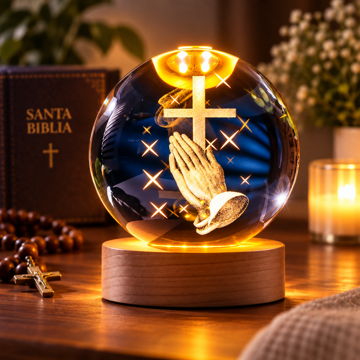 Lampara esfera de cristal con imagen 3D y luz LED