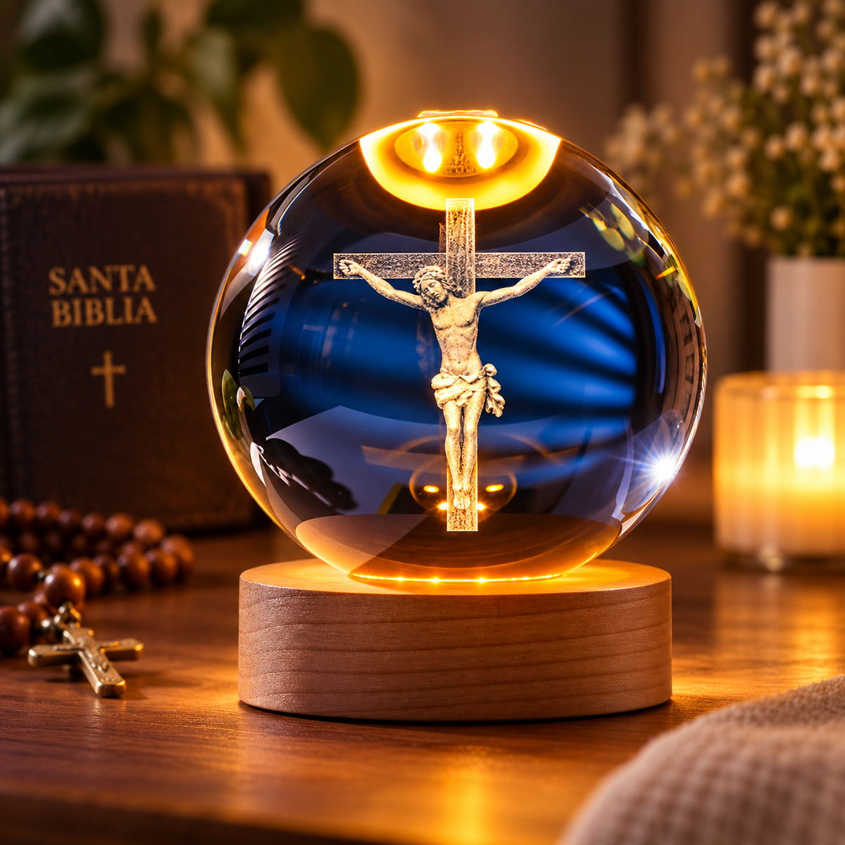 Lampara esfera de cristal con imagen 3D y luz LED